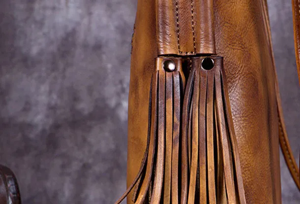 Genuine Leather Handbag Vintage Tote Woven Tassel Crossbody Bag Shoulder Bag Purse For Women
