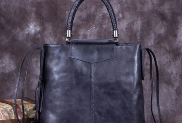 Genuine Leather Handbag Vintage Tote Woven Tassel Crossbody Bag Shoulder Bag Purse For Women