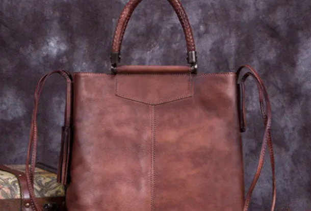 Genuine Leather Handbag Vintage Tote Woven Tassel Crossbody Bag Shoulder Bag Purse For Women