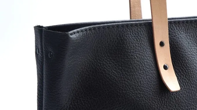 Handmade Black Leather Tote Purse Shoulder Bag Shopper Tote Bag for Women
