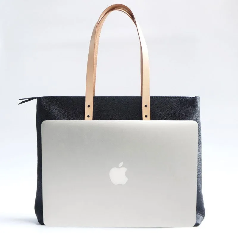 Handmade Black Leather Tote Purse Shoulder Bag Shopper Tote Bag for Women