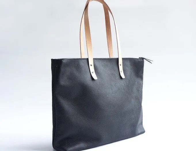 Handmade Black Leather Tote Purse Shoulder Bag Shopper Tote Bag for Women