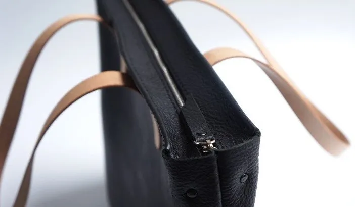 Handmade Black Leather Tote Purse Shoulder Bag Shopper Tote Bag for Women