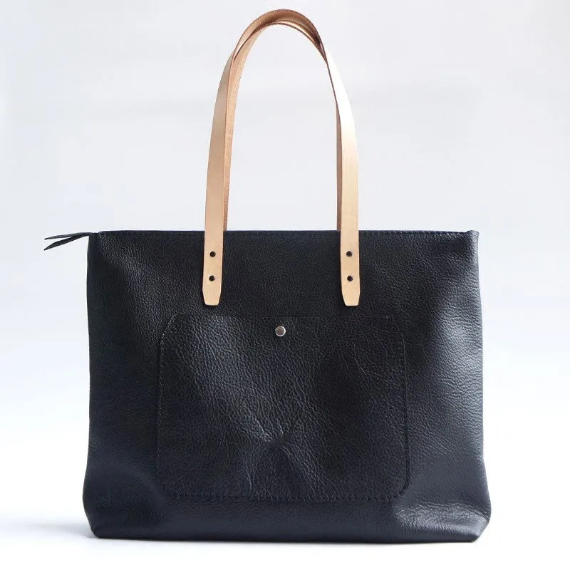 Handmade Black Leather Tote Purse Shoulder Bag Shopper Tote Bag for Women