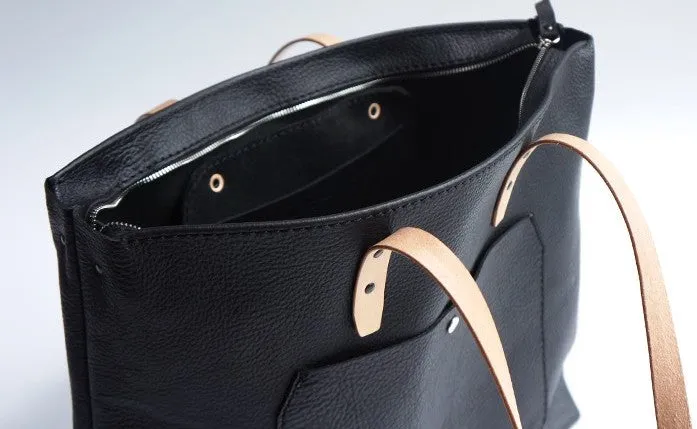 Handmade Black Leather Tote Purse Shoulder Bag Shopper Tote Bag for Women