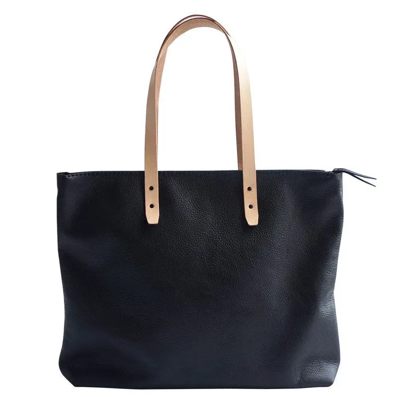 Handmade Black Leather Tote Purse Shoulder Bag Shopper Tote Bag for Women