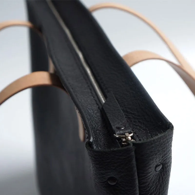 Handmade Black Leather Tote Purse Shoulder Bag Shopper Tote Bag for Women