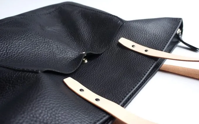 Handmade Black Leather Tote Purse Shoulder Bag Shopper Tote Bag for Women