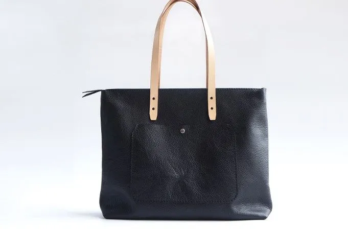 Handmade Black Leather Tote Purse Shoulder Bag Shopper Tote Bag for Women