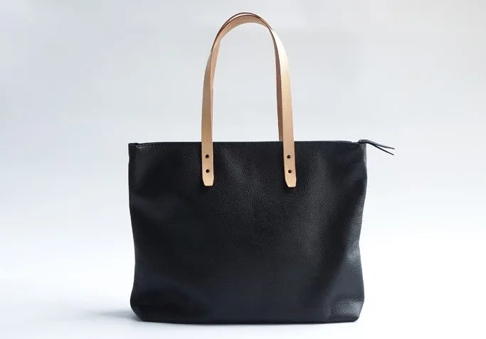 Handmade Black Leather Tote Purse Shoulder Bag Shopper Tote Bag for Women