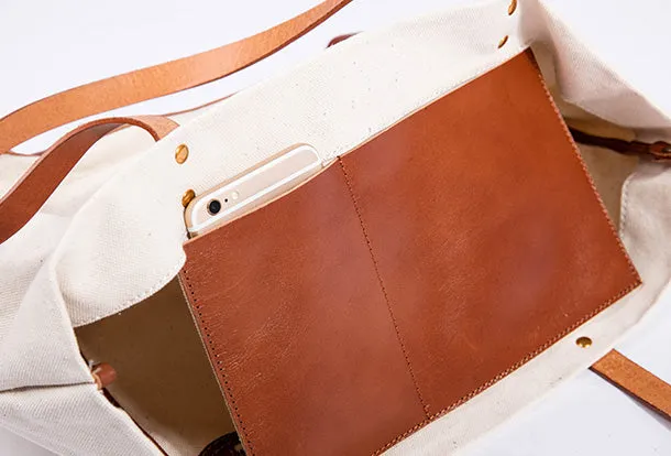 Handmade Genuine Leather Canvas Handbag Tote Large Shopper Bag Purse Handbag Shoulder Bag Purse For Women