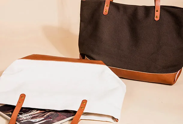 Handmade Genuine Leather Canvas Handbag Tote Large Shopper Bag Purse Handbag Shoulder Bag Purse For Women