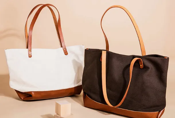 Handmade Genuine Leather Canvas Handbag Tote Large Shopper Bag Purse Handbag Shoulder Bag Purse For Women