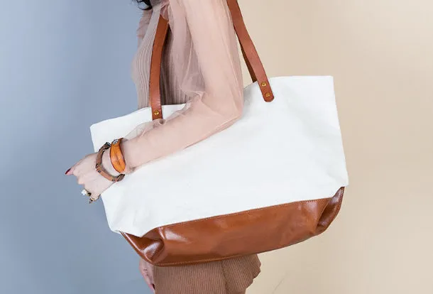 Handmade Genuine Leather Canvas Handbag Tote Large Shopper Bag Purse Handbag Shoulder Bag Purse For Women