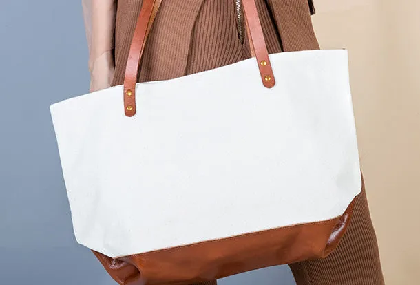 Handmade Genuine Leather Canvas Handbag Tote Large Shopper Bag Purse Handbag Shoulder Bag Purse For Women