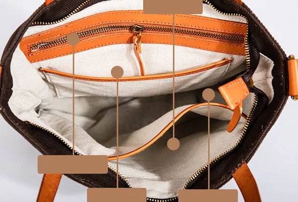 Handmade Genuine Leather Canvas Handbag Tote Shopper Bag Purse Handbag Shoulder Bag Purse For Women