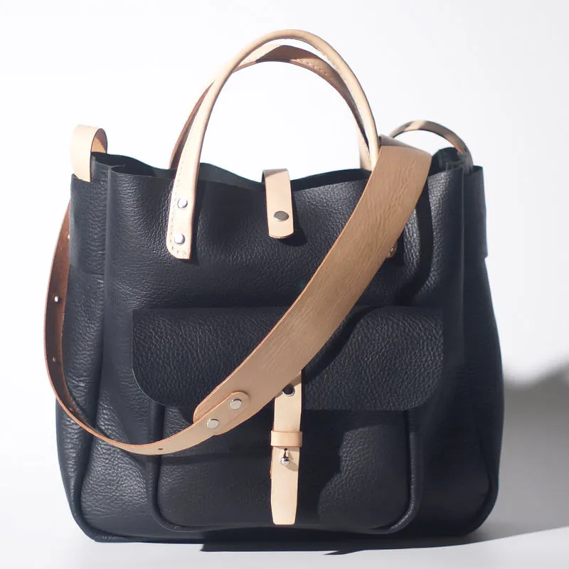 Handmade Leather Black Small Womens Tote Handbag Shopper Purse for Women