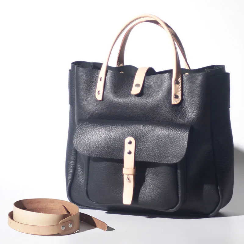 Handmade Leather Black Small Womens Tote Handbag Shopper Purse for Women