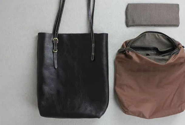 Handmade leather tote bag black coffee vintage shoulder bag shopper bag women