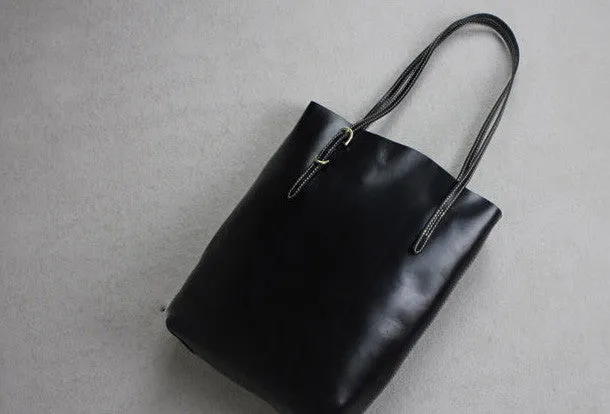 Handmade leather tote bag black coffee vintage shoulder bag shopper bag women