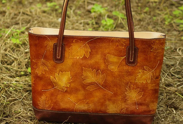 Handmade leather tote bag vintage leaves Tan blue shoulder bag large retro for her