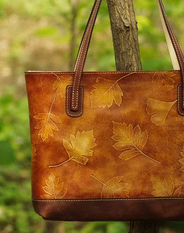 Handmade leather tote bag vintage leaves Tan blue shoulder bag large retro for her