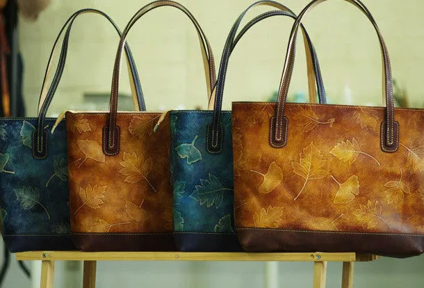 Handmade leather tote bag vintage leaves Tan blue shoulder bag large retro for her