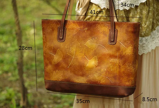 Handmade leather tote bag vintage leaves Tan blue shoulder bag large retro for her