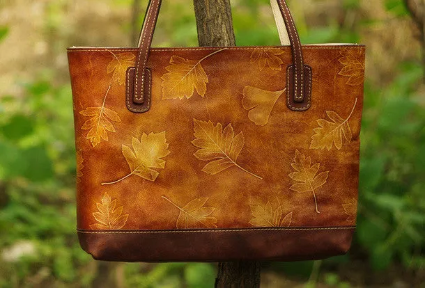 Handmade leather tote bag vintage leaves Tan blue shoulder bag large retro for her