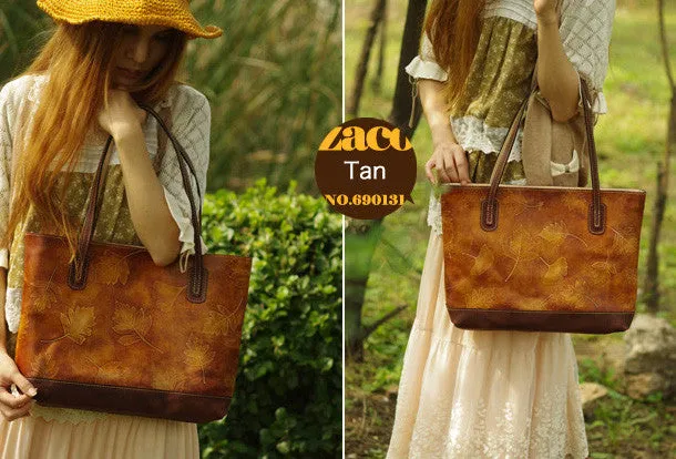 Handmade leather tote bag vintage leaves Tan blue shoulder bag large retro for her