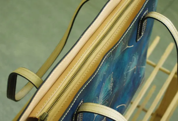 Handmade leather tote bag vintage leaves Tan blue shoulder bag large retro for her