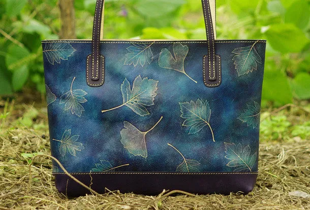 Handmade leather tote bag vintage leaves Tan blue shoulder bag large retro for her