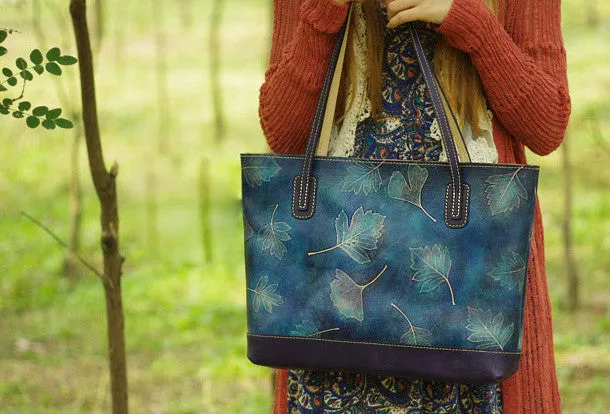 Handmade leather tote bag vintage leaves Tan blue shoulder bag large retro for her