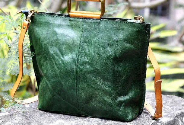 Handmade vintage handbag green black shoulder bag tote bag