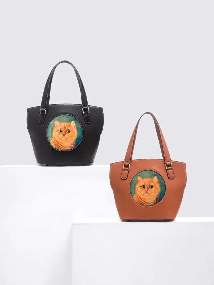 Handmade Womens Brown Leather Tote Handbag Purse Black Cat Tote Bag for Women