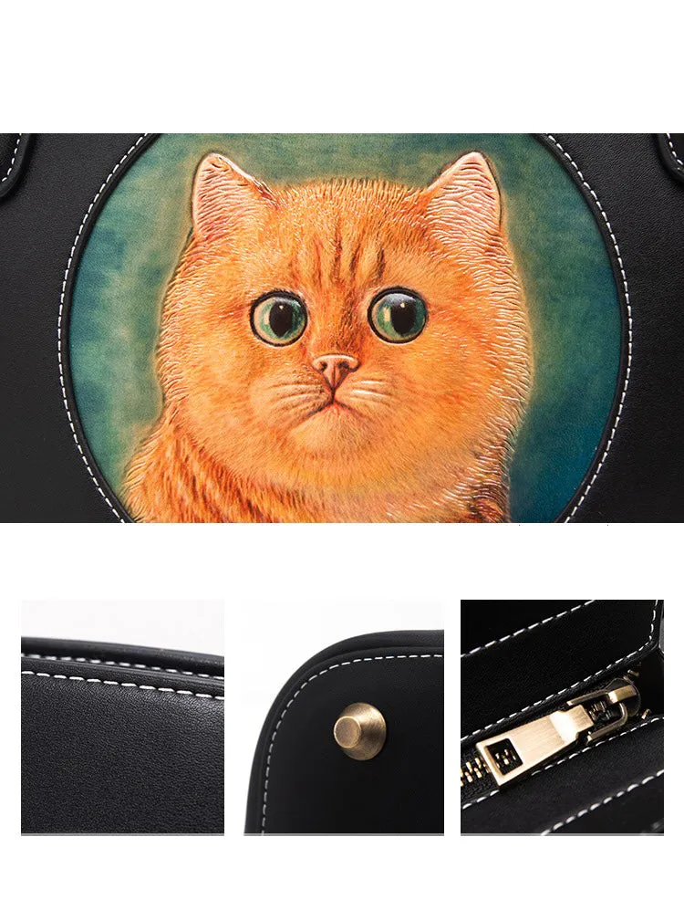 Handmade Womens Brown Leather Tote Handbag Purse Black Cat Tote Bag for Women