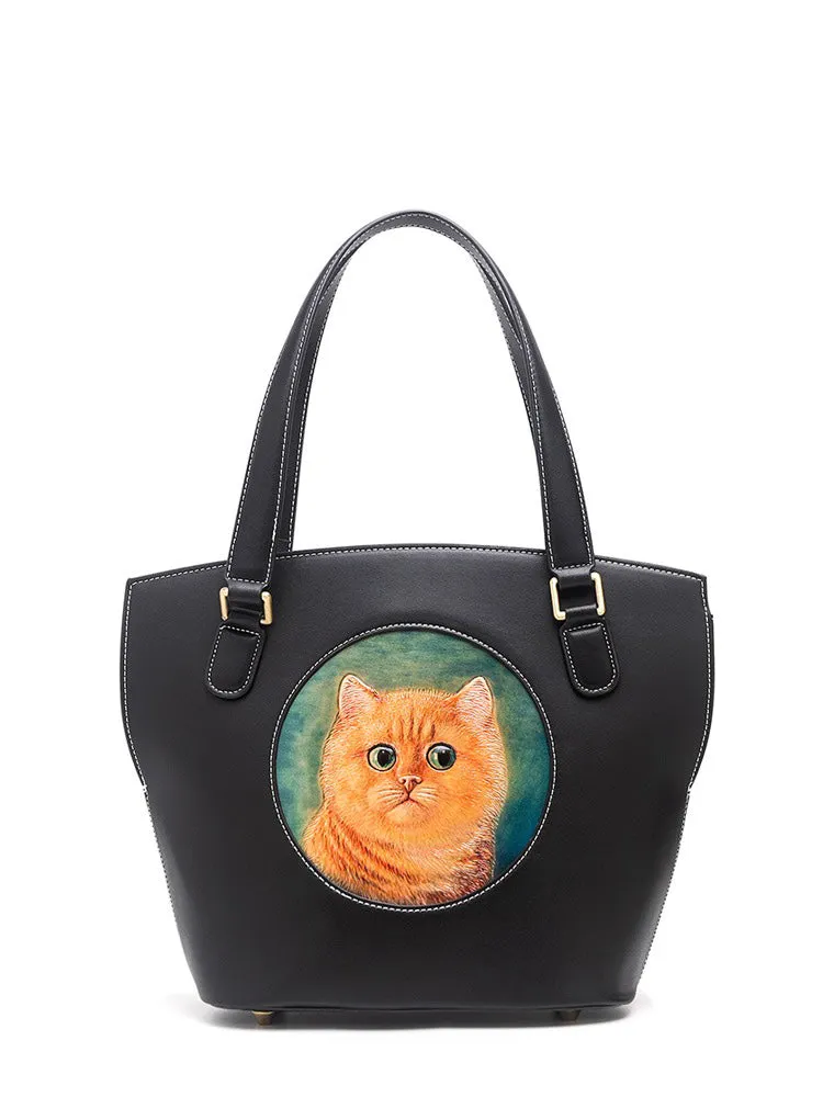 Handmade Womens Brown Leather Tote Handbag Purse Black Cat Tote Bag for Women