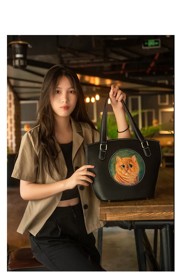 Handmade Womens Brown Leather Tote Handbag Purse Black Cat Tote Bag for Women