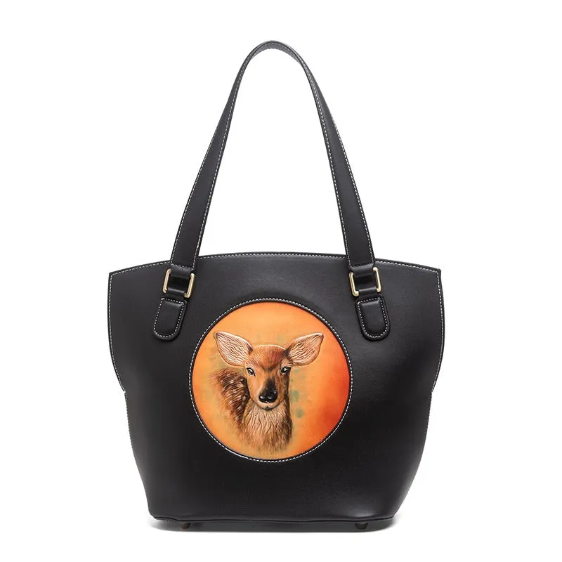 Handmade Womens Brown Leather Tote Handbag Purse Deer Tote Bag for Women