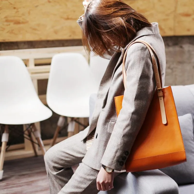 Handmade Yellow Womens Leather Laptop Tote Leather Tote Bags For Work Leather Tote With Zipper