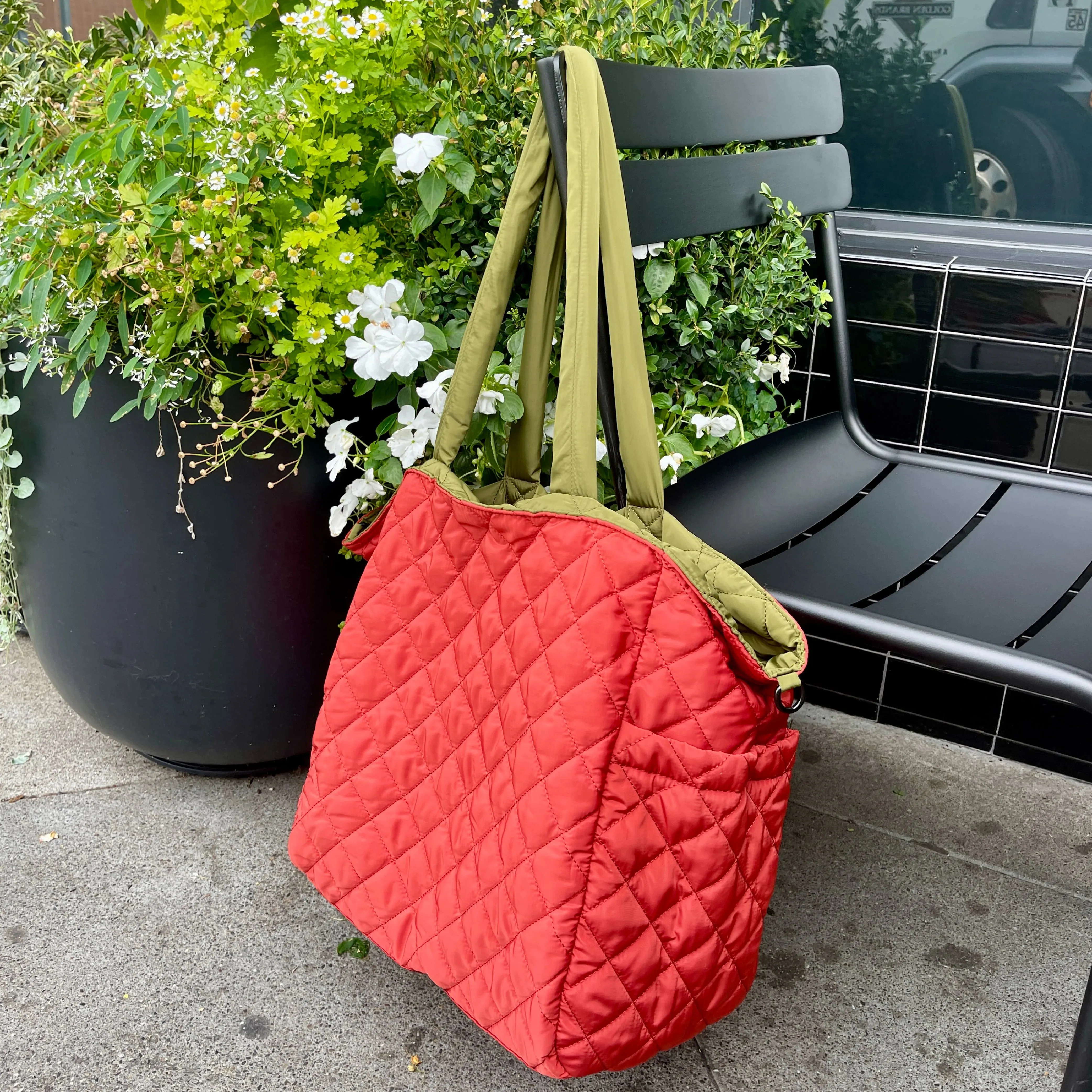 K Carroll - Large Nylon Reversible Tote, Olive & Rust