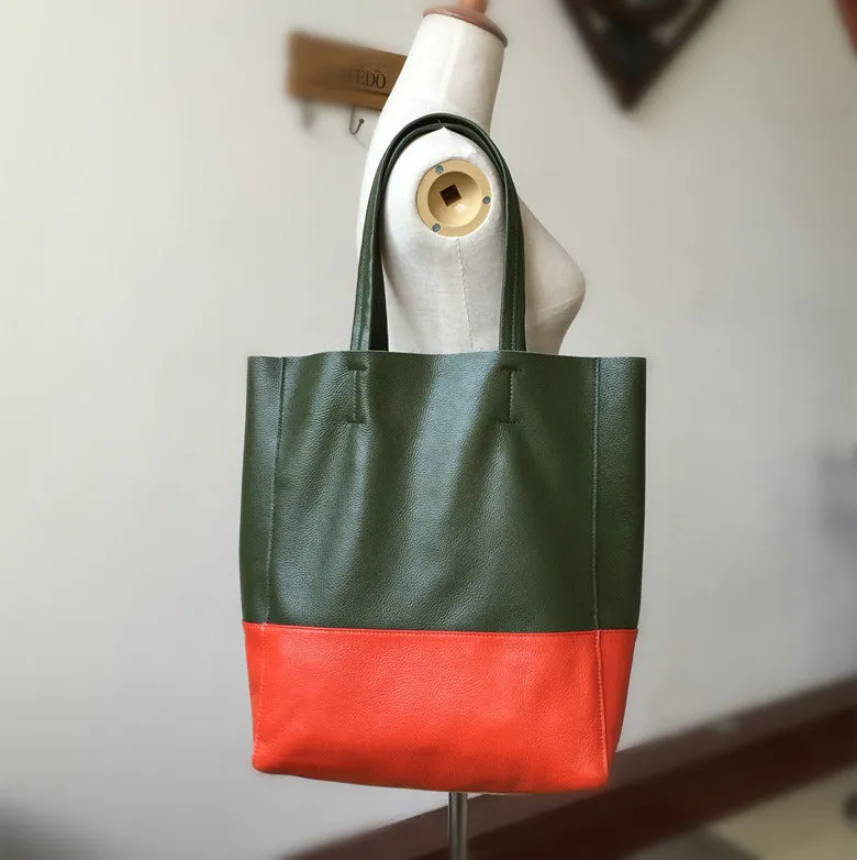 Khaki&Orange Leather Tote Bag Two Tone Tote Bag Womens Two Tone Purse Leather Work Tote Bag