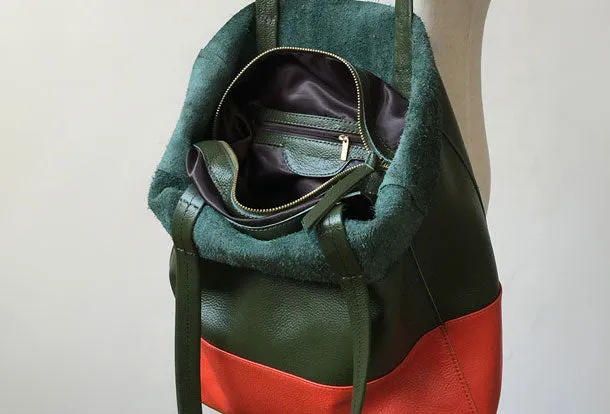Khaki&Orange Leather Tote Bag Two Tone Tote Bag Womens Two Tone Purse Leather Work Tote Bag