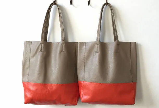 Khaki&Orange Leather Tote Bag Two Tone Tote Bag Womens Two Tone Purse Leather Work Tote Bag