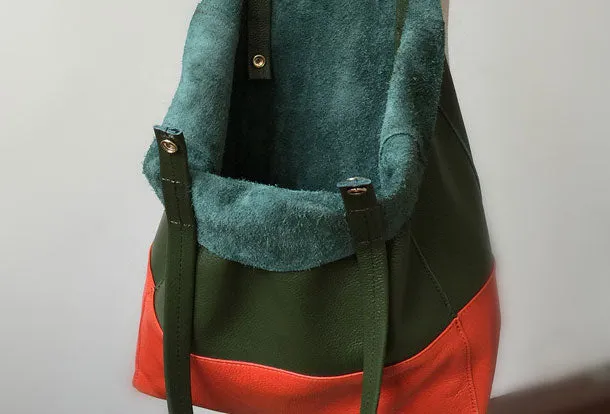 Khaki&Orange Leather Tote Bag Two Tone Tote Bag Womens Two Tone Purse Leather Work Tote Bag
