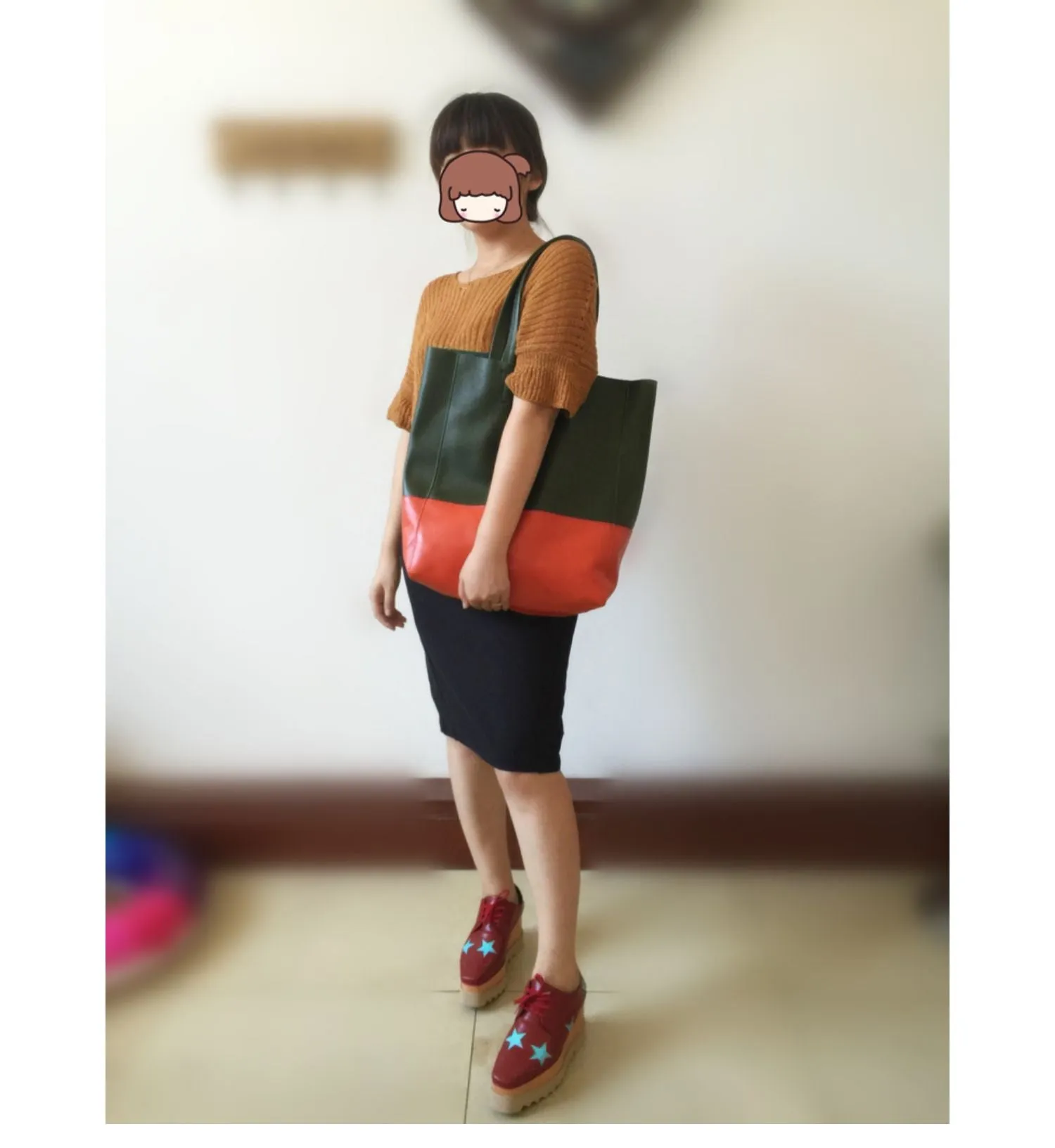 Khaki&Orange Leather Tote Bag Two Tone Tote Bag Womens Two Tone Purse Leather Work Tote Bag