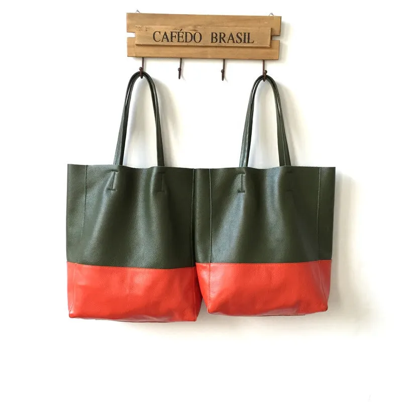 Khaki&Orange Leather Tote Bag Two Tone Tote Bag Womens Two Tone Purse Leather Work Tote Bag