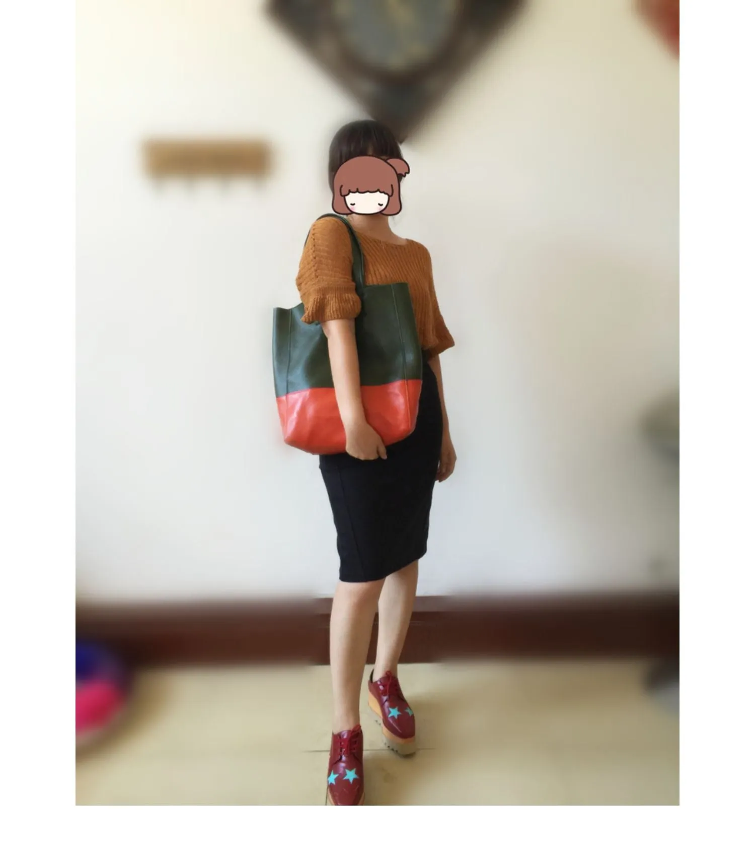 Khaki&Orange Leather Tote Bag Two Tone Tote Bag Womens Two Tone Purse Leather Work Tote Bag