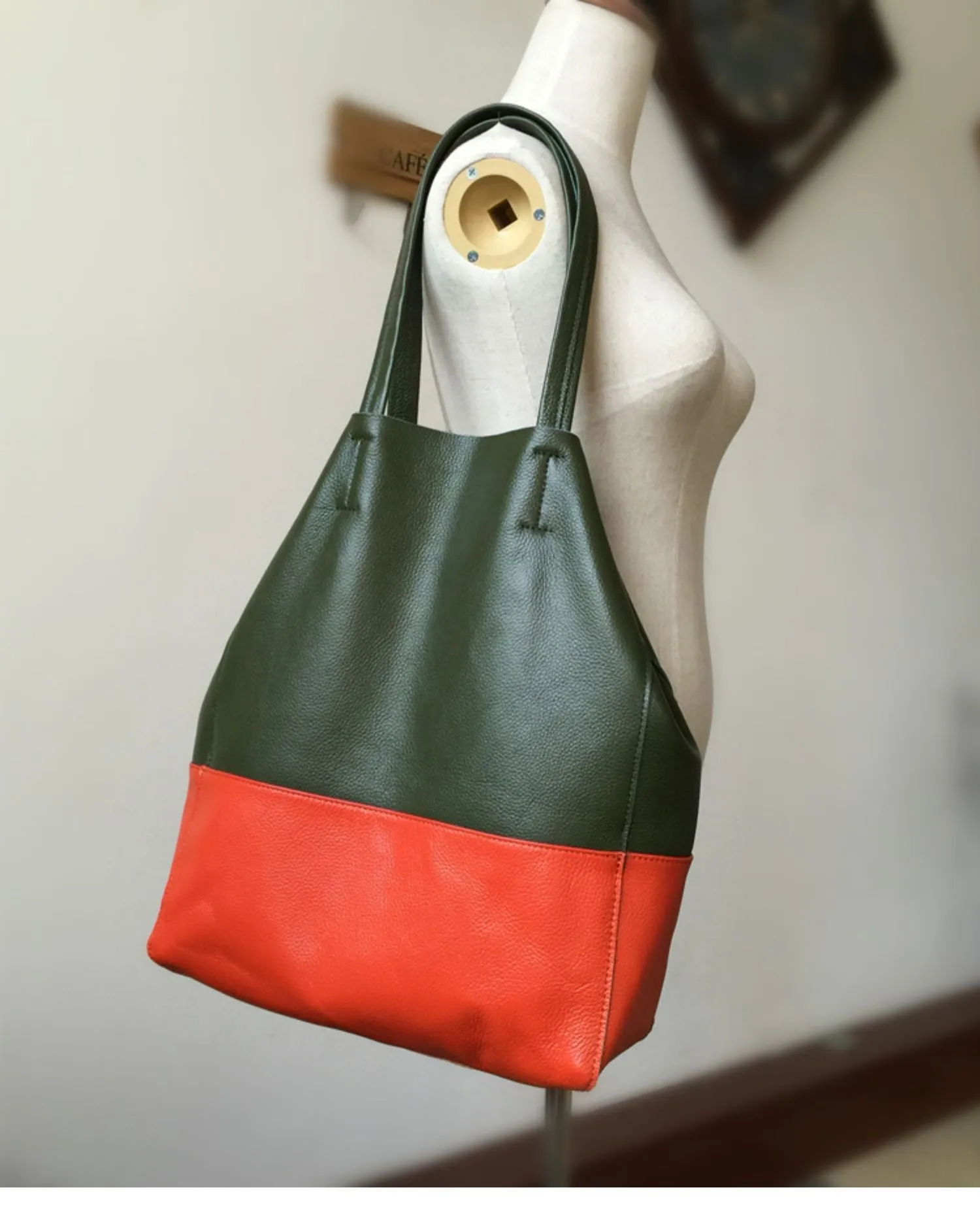 Khaki&Orange Leather Tote Bag Two Tone Tote Bag Womens Two Tone Purse Leather Work Tote Bag