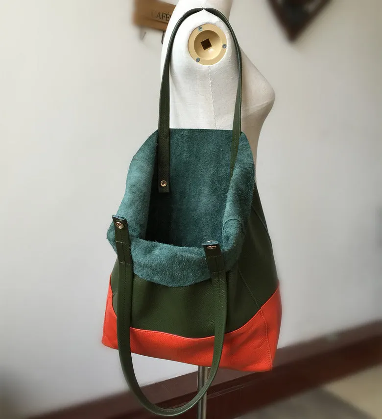 Khaki&Orange Leather Tote Bag Two Tone Tote Bag Womens Two Tone Purse Leather Work Tote Bag